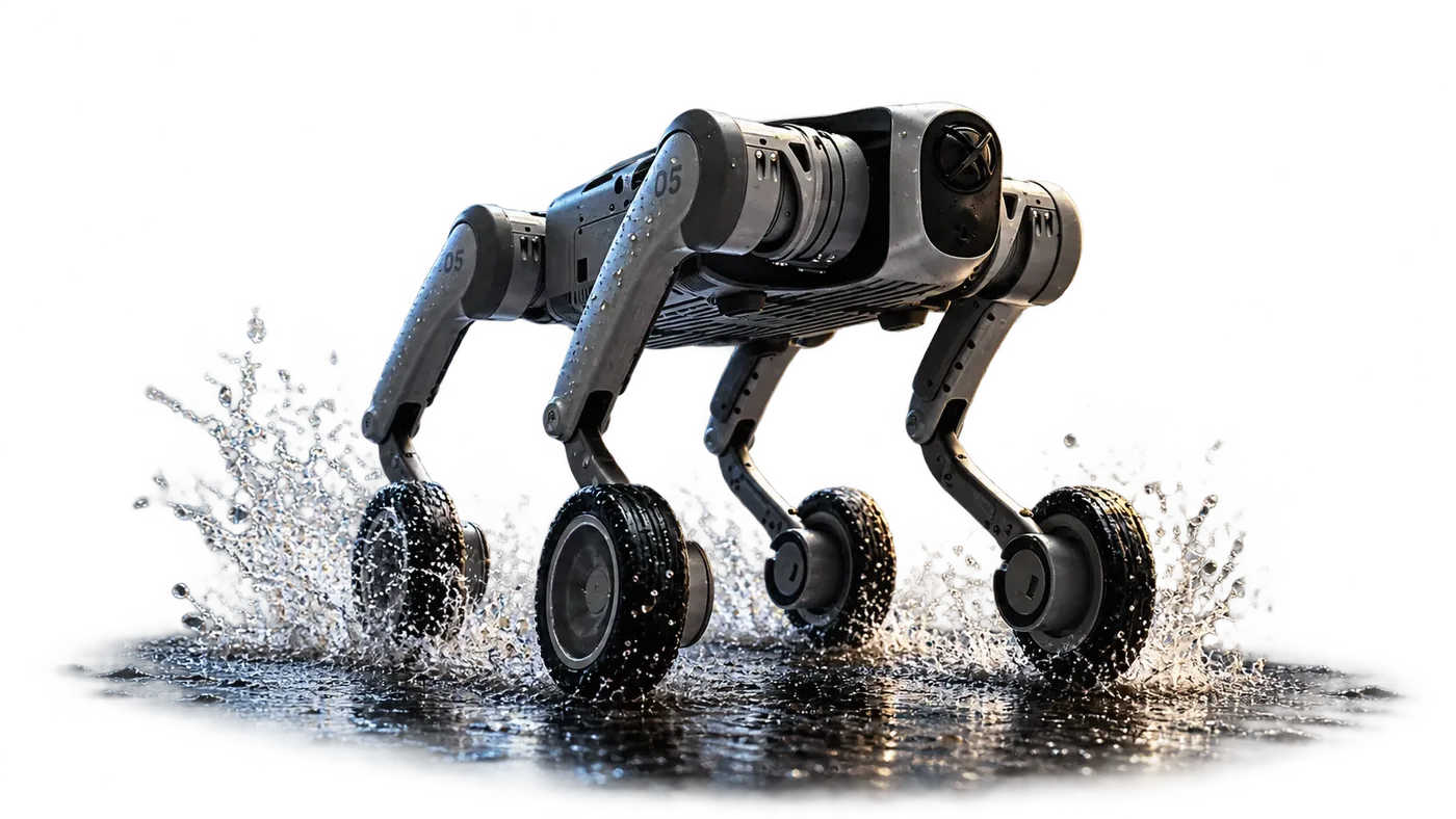 Robot quadrupède PUDU D5 en action sur sol mouillé