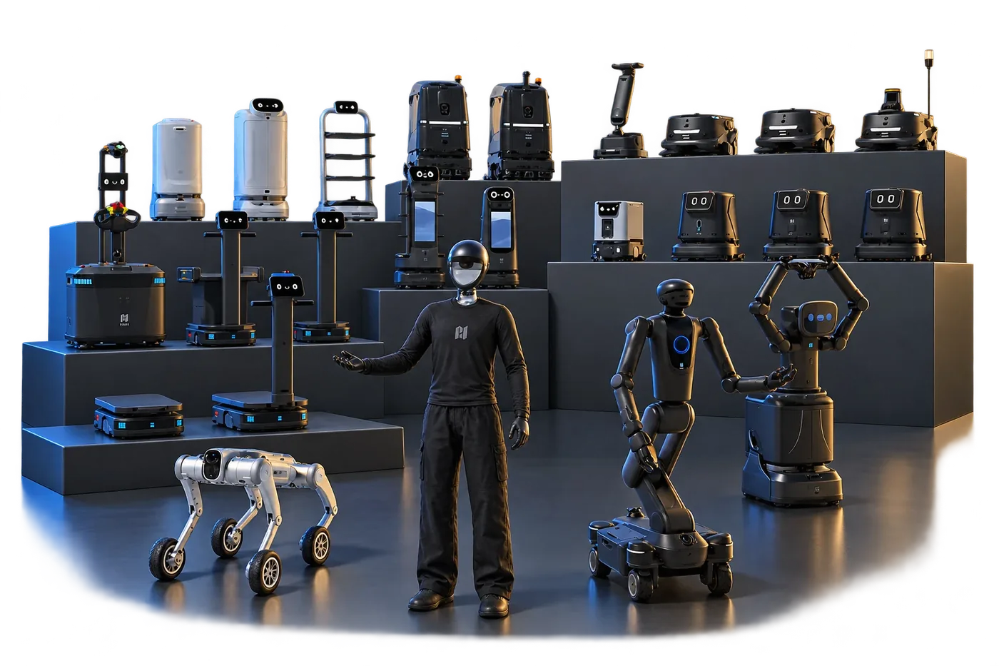 La gamme des robots PUDU distribués par Elecom, réunie sur un podium