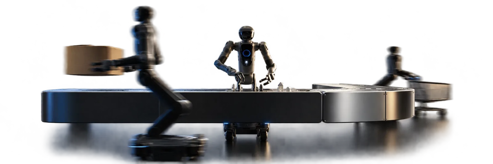 Robots humanoïdes au travail sur une ligne d'assemblage